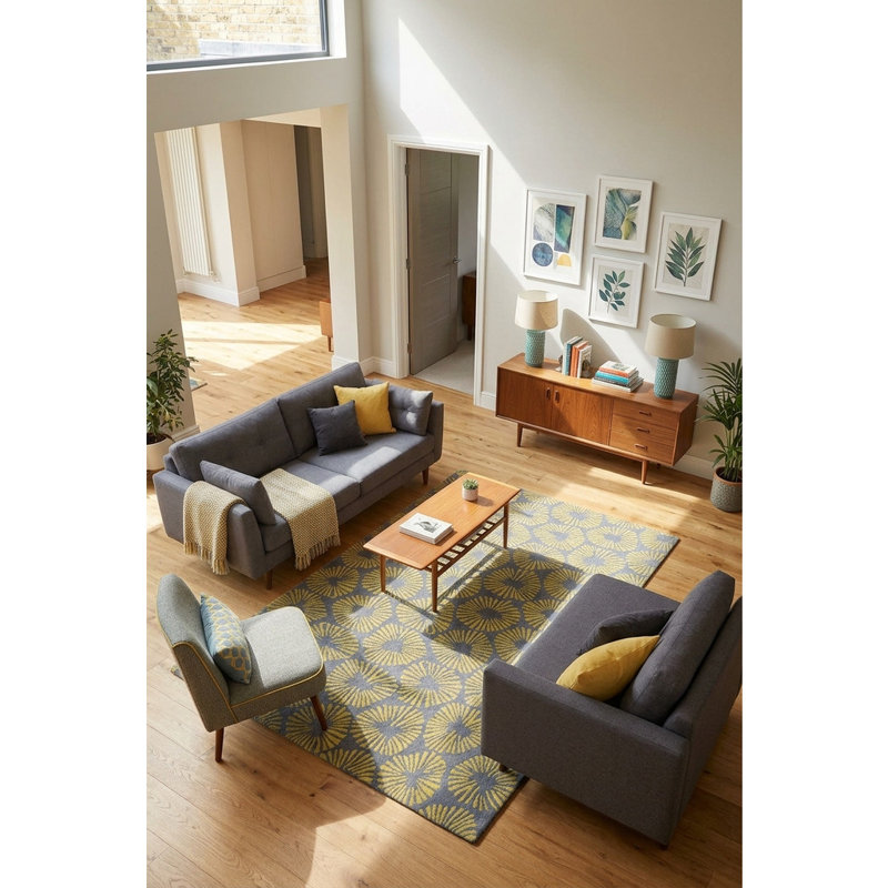 Tapis géométrique moderne en laine touffeté à la main vert et bleu-gris Cloral Authentic, 5 pi x 7 pi 6 po