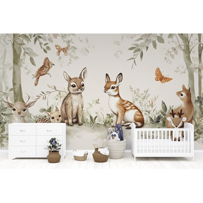 Papier peint animaux de la forêt mignons – Cerfs, lapins, écureuils style aquarelle, adorable fresque murale pour chambre d'enfant