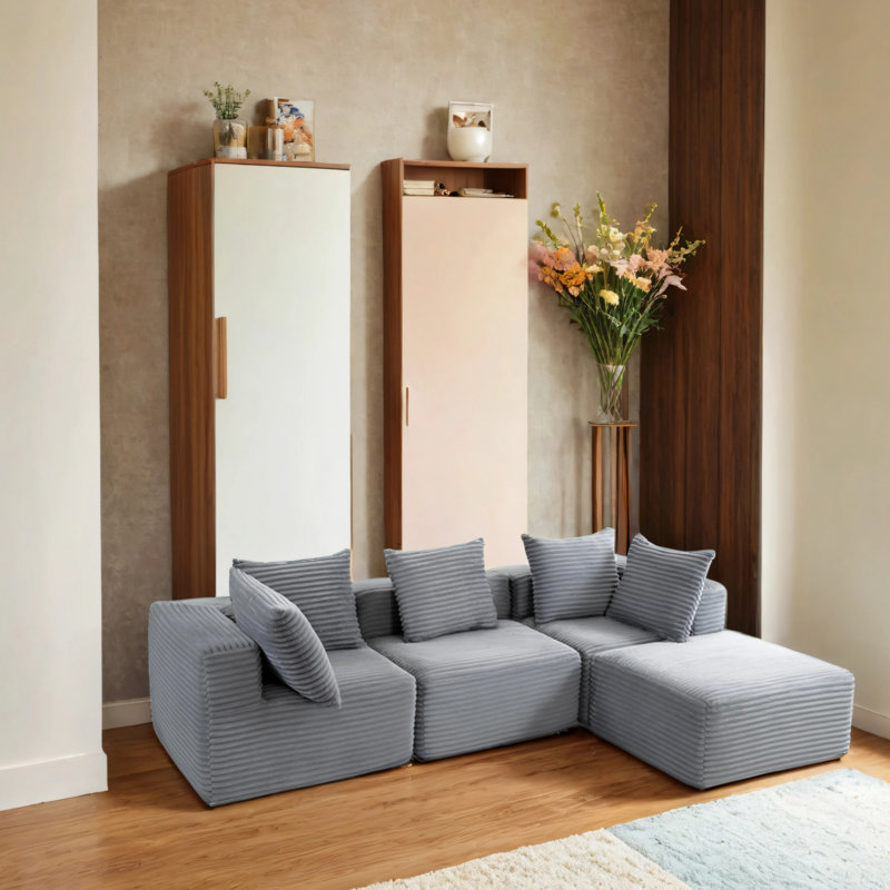 Un tissu en velours côtelé doux et durable recouvre l'ensemble modulaire., Gris