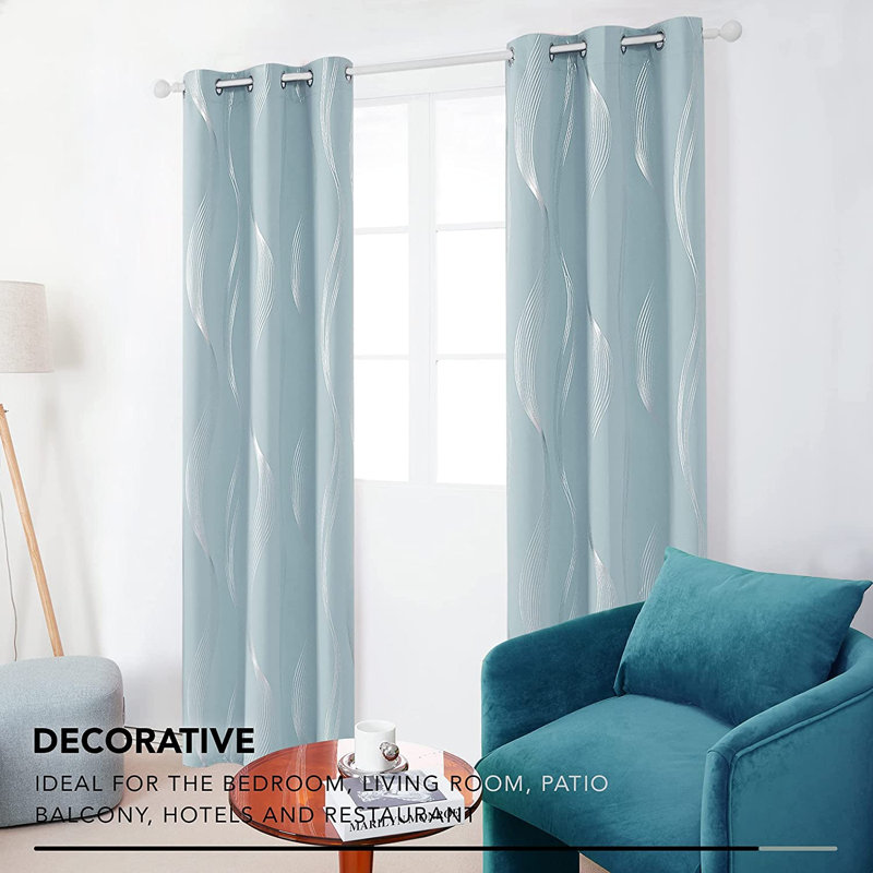 Spurgh Sliver Wave Foil Print Blackout Thermal Grommet Curtain Panels (Set of 2), 42" W x 95" L, Sky Blue