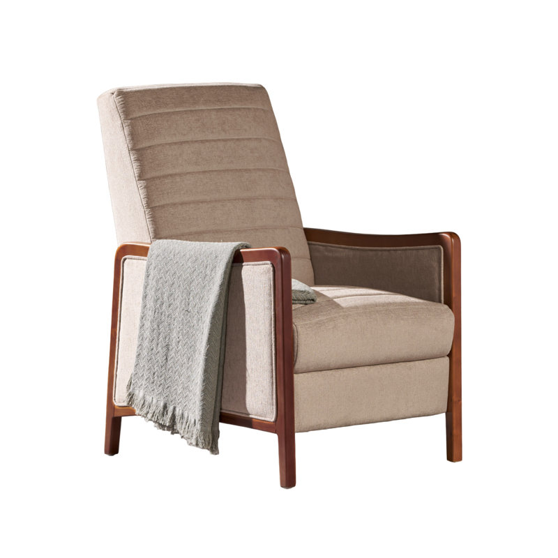 Ryka Pushback Manual Recliner Chair, Channel Stitch Beige, Birch Wood, Sand Beige
