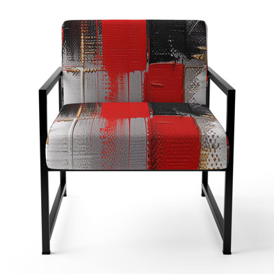Red and Gold Cubic Abstract I - Upholstered Modern Arm Chair, Modern Cubism Accent Chair