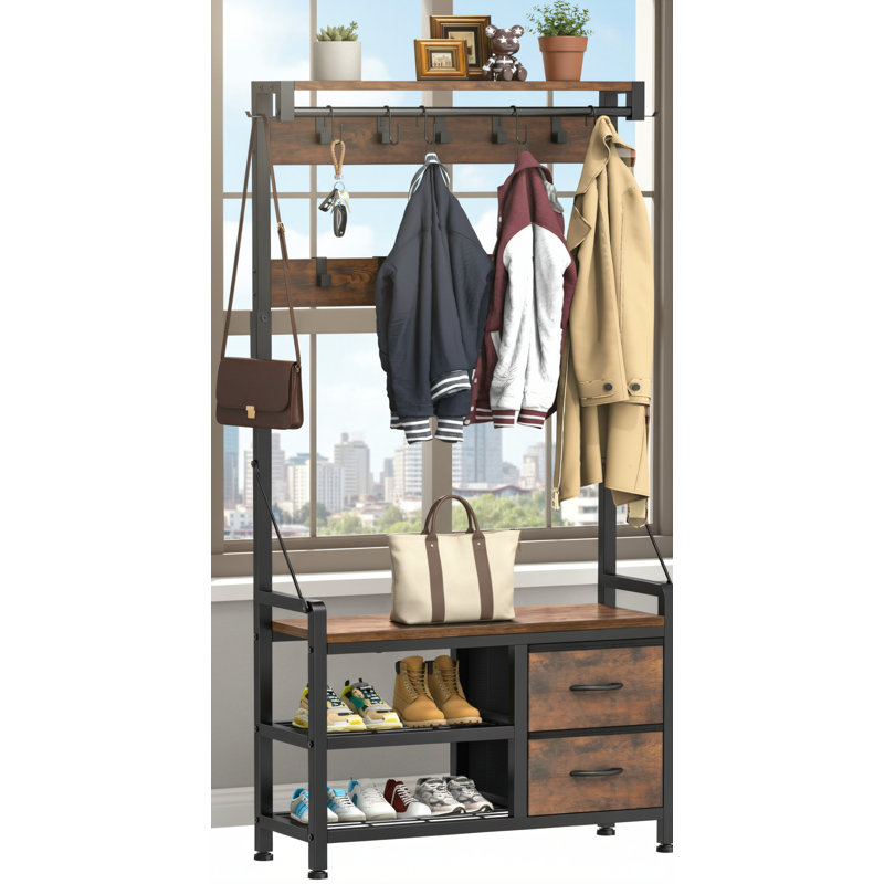 Vintage Brown, 5-In-1 Foyer Tree, 31.6-Inch Wide Entryway Bench With Coat Rack, 17 Hooks + Separate Drawers., Brown