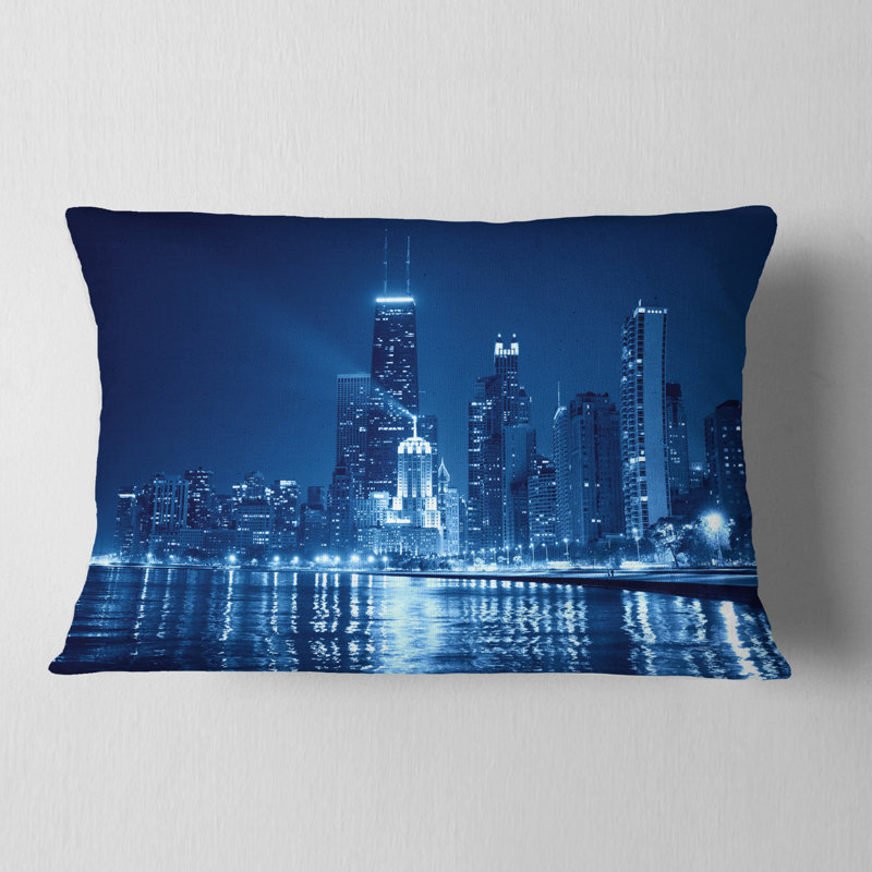 Cityscape Photo Chicago Skyline Night - Modern Throw Pillow