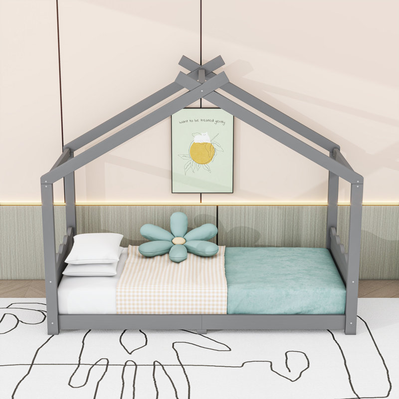 Lit House House avec lattes et toit, Simple, Gris