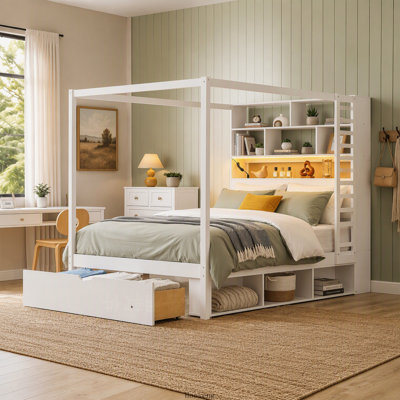 Lit à baldaquin en bois massif avec tête de lit bibliothèque, prises USB, éclairage DEL RVB intelligent et rangement sous le lit, couleur naturelle