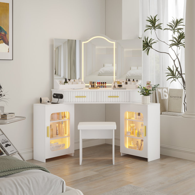 Modern Corner Vanity Set with Lighted Mirror and Outlets, Fluted Makeup Vanity Desk with Large Storage Cabinets, White