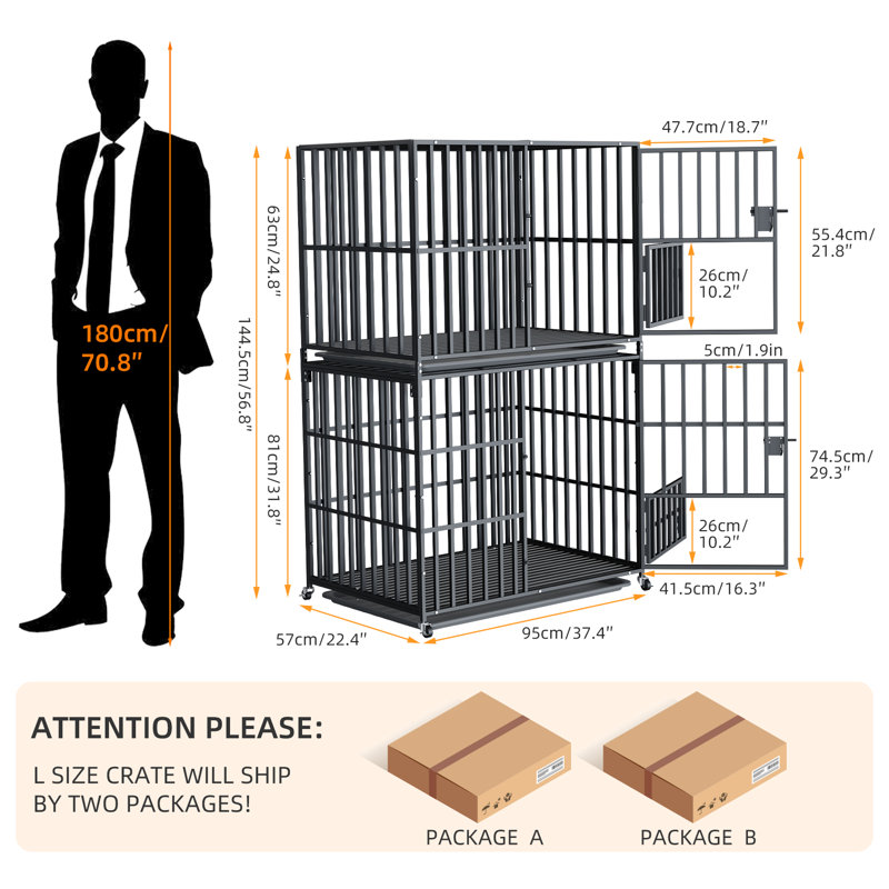 Deker Steel Pet Crate with 2 Doors, Large (56.80" H x 37.50" W x 22.50" D)