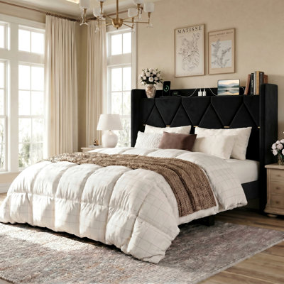Modern Tufted Velvet Upholstered Platform Bed with Built-in Charging Station & Storage Shelf, Box Spring Not Required