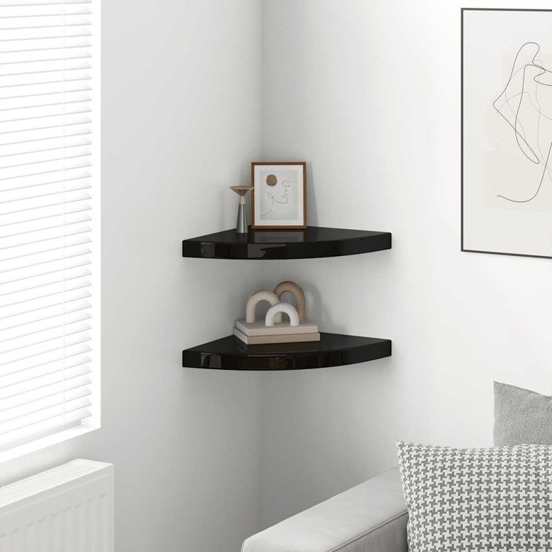 Tablette flottante triangulaire en bois massif 2 pièces Naudiya, H 1,5 po x l 13,8 po x P 13,8 po, Noir lustré