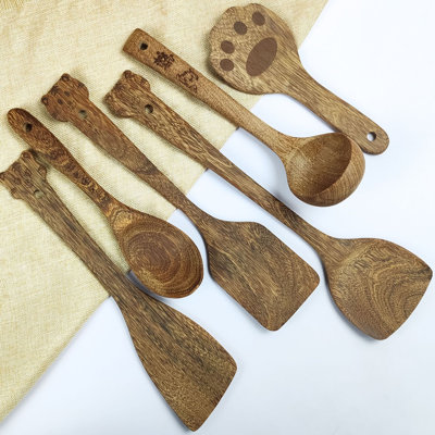 Spatule 6 pièces en bois naturel brut pour batterie de cuisine antiadhésive, cuillère à soupe et cuillère à soupe, ustensiles de cuisine sans produits chimiques