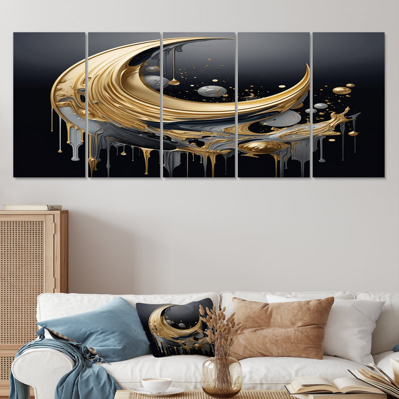 Nouvelle lune montante or noir - art mural géométrique pour le salon 5 pièces, H 32 po x l 80 po