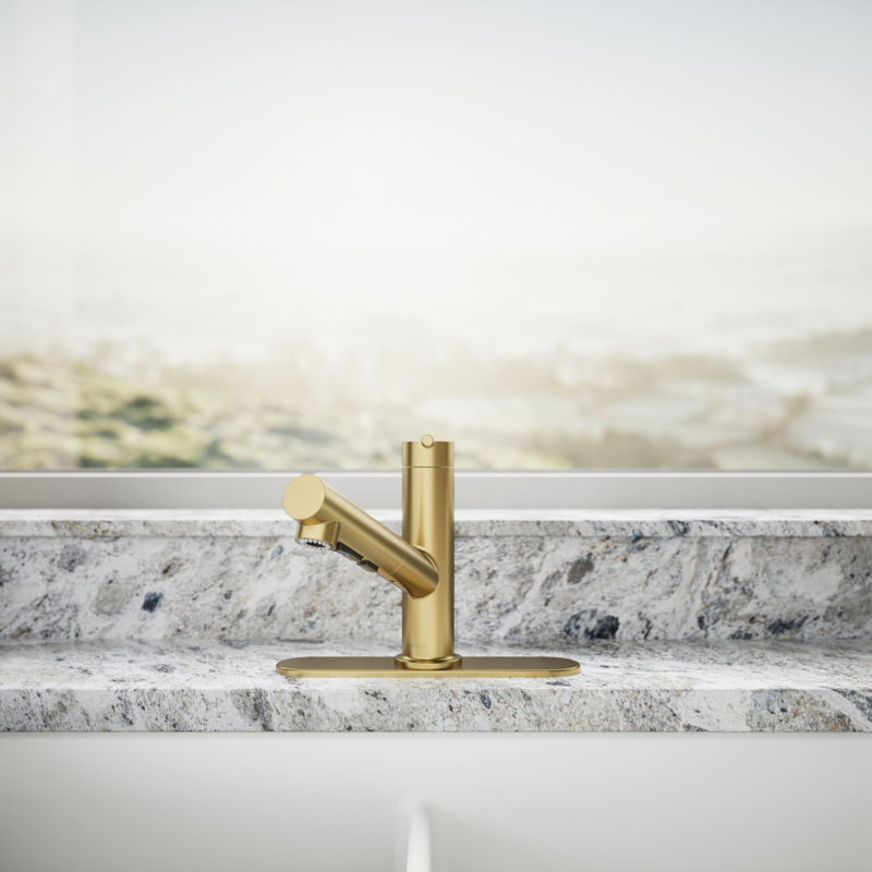 Crue Pull-Out Kitchen Sink Faucet, Pull-Out Laundry Faucet with Three-Function Sprayhead, Brass