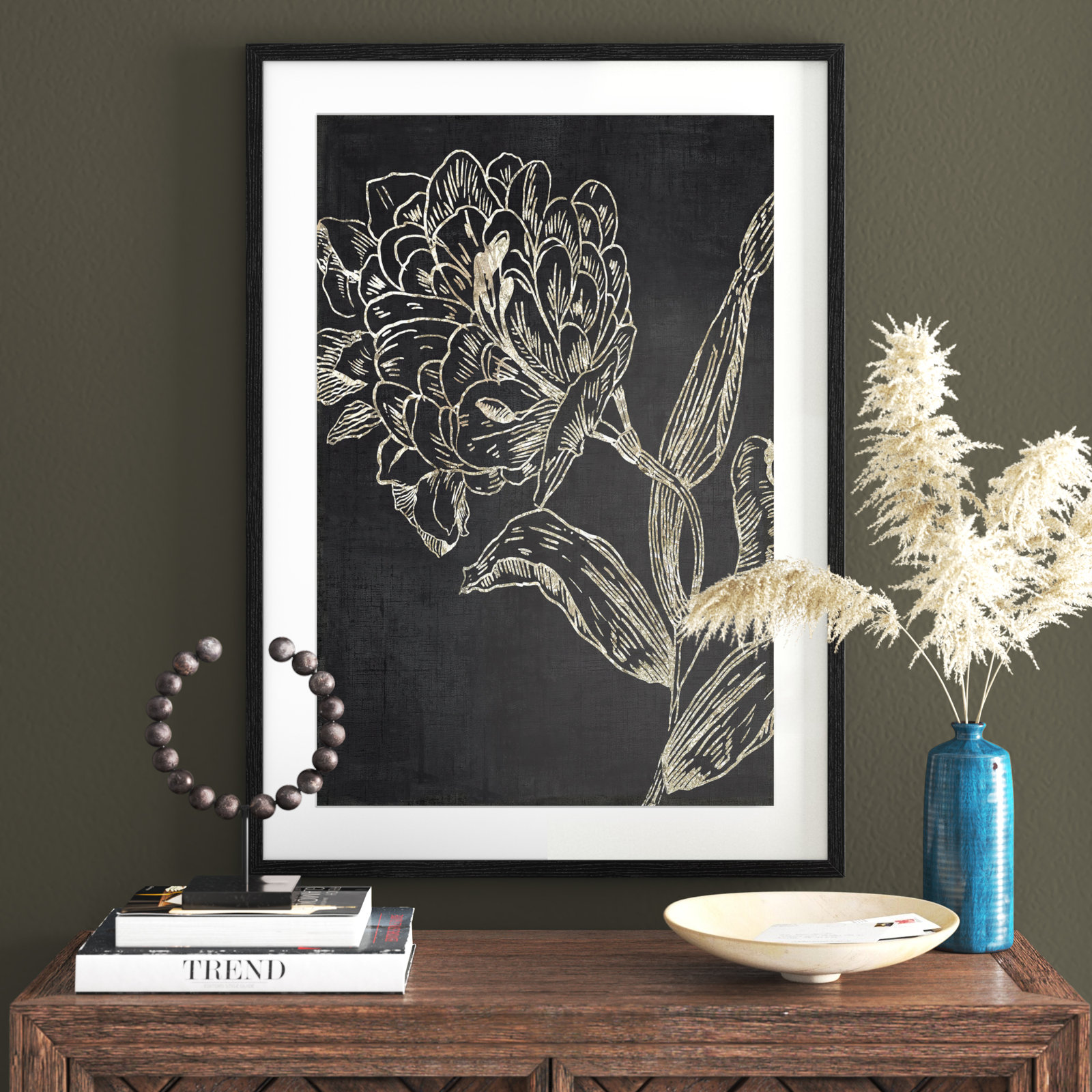 Golden Flower Folklore II by Asia Jensen - Picture Frame Graphic Art, 35.5" H x 25.5" W, Walnut Wood Grain