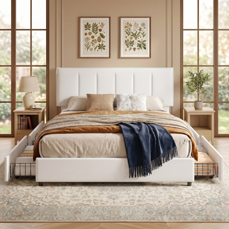  Lit plateforme tapissier avec rangement Cahlin, Grand, Blanc