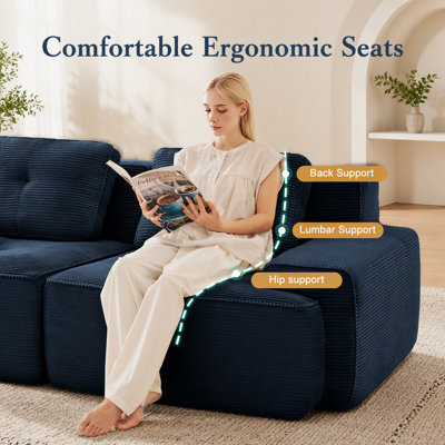 Canapé d'angle modulaire moderne en forme de U de 297 cm (117 pouces), tissu velours côtelé, assise profonde, pouf amovible, design capitonné, livré monté, base antidérapante, noir
