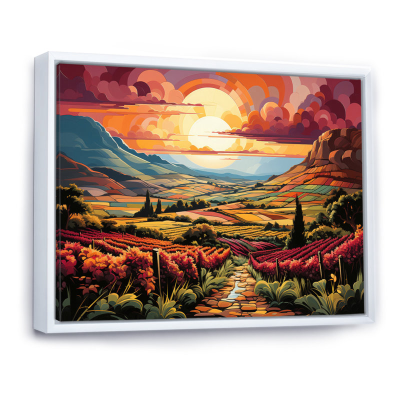 «Vineyard Sunset Rows Of Ruby Landscape II», reproduction sur toile, H 30 po x l 40 po x P 1,5 po, Cadre flottant blanc