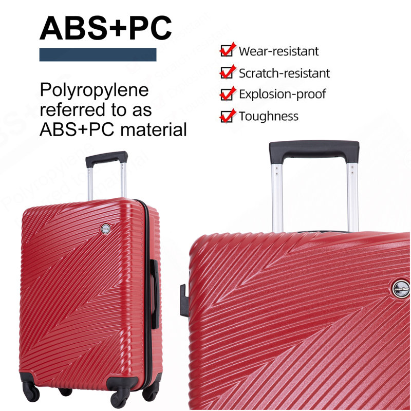 3 Piece Luggage Sets PC+ABS Lightweight Suitcase With Two Hooks, Spinner Wheels, (20/24/28) Red