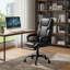 Bureau ergonomique en cuir véritable avec dossier haut, style bureau à domicile, noir.
