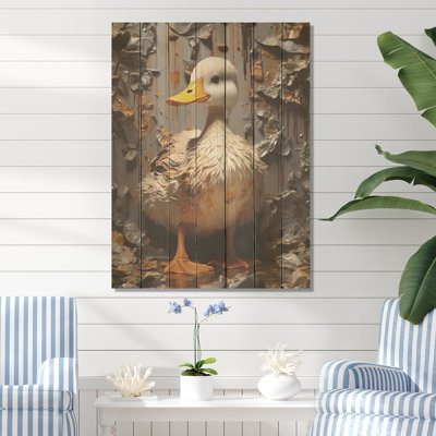 Grey And Yellow Duck Feathered Elegance - Duck Animal On Wood Print