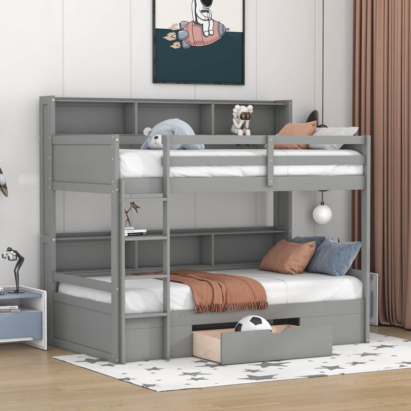 Gesko Kids Twin Over Twin Bunk Bed with Drawers, Gray