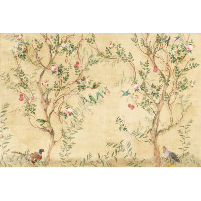 Papier peint rétro avec oiseaux et fleurs