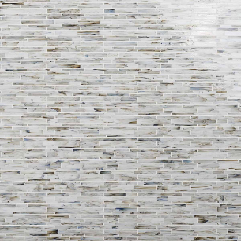 Matchstix 11x11 Brick Polished Glass Mosaic Tile, Aura White