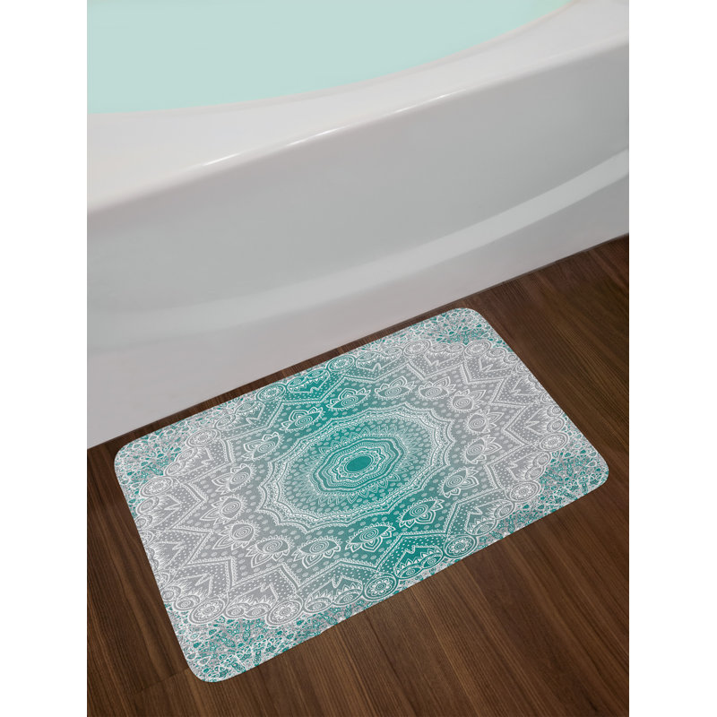 Teal and Gray Mandala High Pile Bath Rug with Rubber Backing