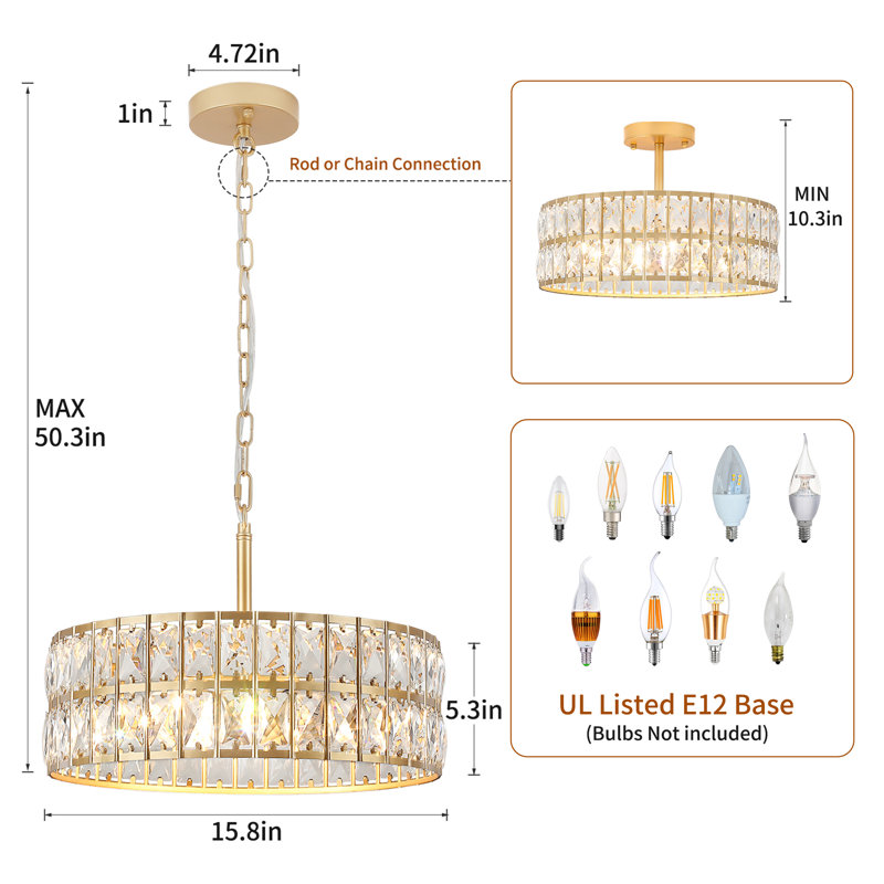 Lustre tambour en cristal 5 lumières Khyryn, Doré