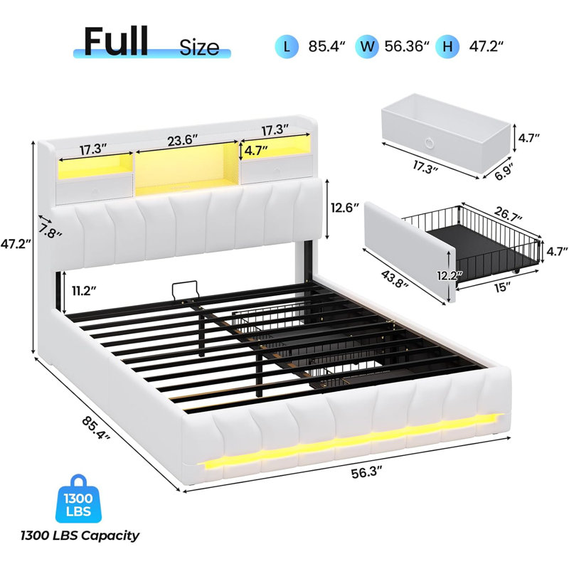 Full-Size Bed Frame With Storage Headboard And Two Large Drawers, Gaming Bed With Rgb Lighting And Charging Station, E-Sports Style Bed, No Spring Mattress Required, White.