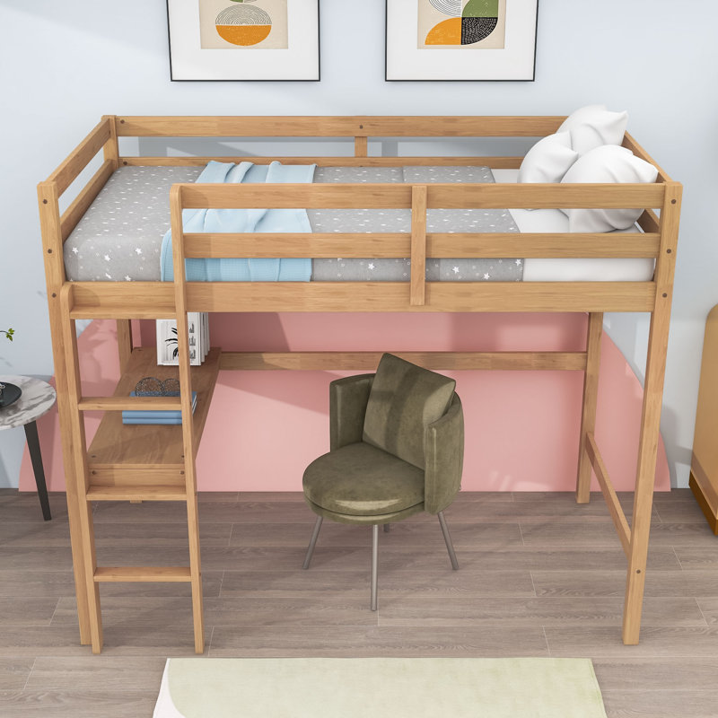 Twin Wood Loft Bed With Guardrail And Built-In Desk, White Oak