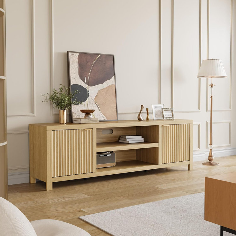 Fluted TV Stand For 80 Inch, Modern Entertainment Center With Storage, Wooden Media Console Cabinet With Fluted Door And Gold Handle For Living Room Bedroom