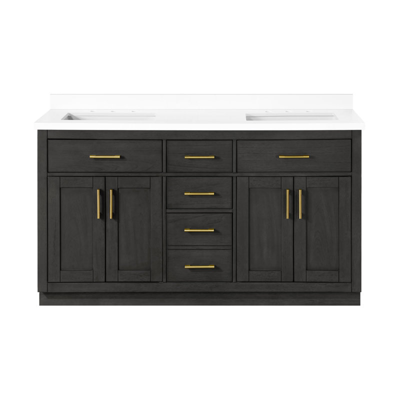 Meuble-lavabo autoportant en bois d'ébène foncé avec comptoir en pierre blanche, dosseret et or brossé 60 po Bailey, Doré