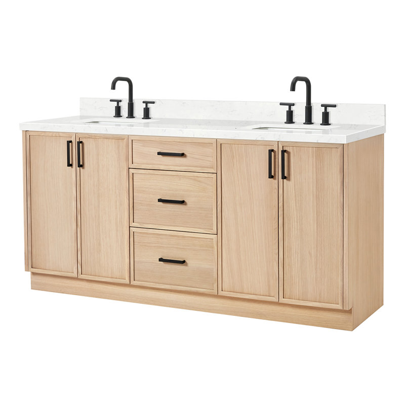ARIEL Kelly 73 Double Sink Bathroom Vanity with Pure Quartz Top, Carrara White Quartz, Oak, Rectangular