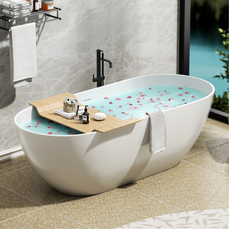Baignoire de trempage autoportante de luxe 63 po, blanc mat, surface solide, pierre reconstituée, trop-plein et bonde escamotable, baignoire non jaunissante en résine de surface, avec une chaleur chaude,