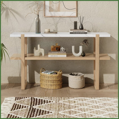Table basse naturelle Trexm avec base en bois émaillé Dessus en marbre autocollant, facile à nettoyer pour le vestibule