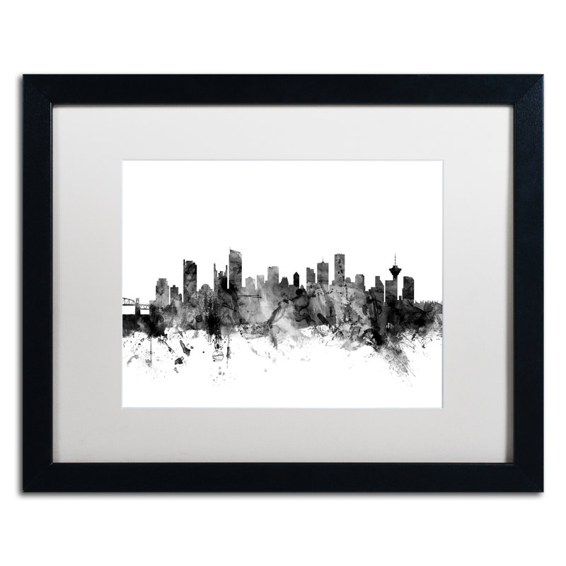 «Vancouver Canada Skyline B&W», impression encadrée, H 16 po x l 20 po x P 0,5 po, Blanc, Toile avec cadre noir