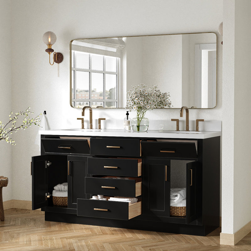 Ensemble de meuble-lavabo double en bois massif 66 po avec plateau en quartz blanc 1,5 po Thornaby, lavabos ovales, Ovale