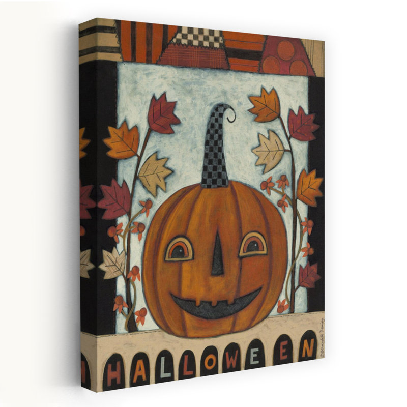 Arbre d'Halloween abstrait Jack O'lantern, art contemporain de paysage, H 36 po x l 24 po