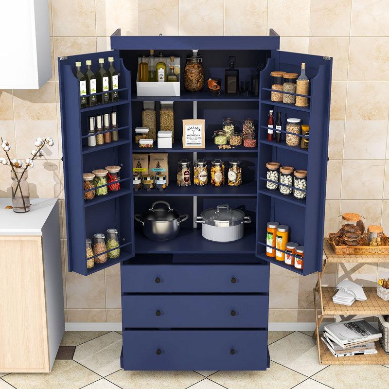 Garde-manger Averir, armoire de rangement haute avec 3 tiroirs et tablettes réglables, Bleu