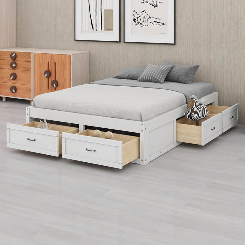 Lit plateforme avec 6 tiroirs de rangement, Blanc antique