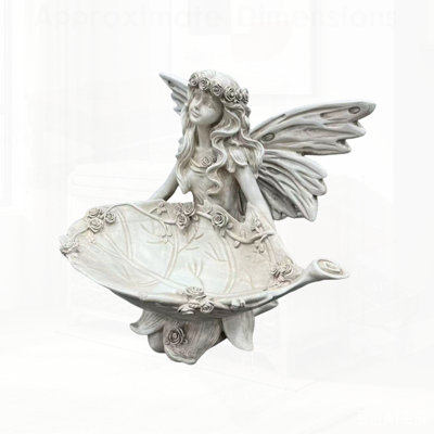 Figurine de fée de jardin, statue d'ange en résine avec plateau en forme de feuille, mangeoire à oiseaux multifonctionnelle et plateau décoratif pour une utilisation intérieure et extérieure