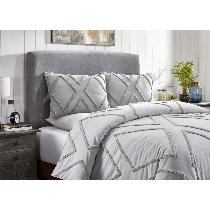 Cotton Ring Stitch Geometric Shapes Comforter, King Comforter + 2 Shams, Gray