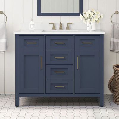 Tahoe 42 in. Midnight Blue Freestanding Bathroom Vanity, Engineered Stone Top with Backsplash, Satin Brass Hardware