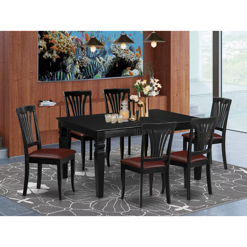 7 Piece Kitchen Table Set Consist of a Rectangle Dining Table with Butterfly Leaf and 6 Faux Leather Dining Room Chairs, Black