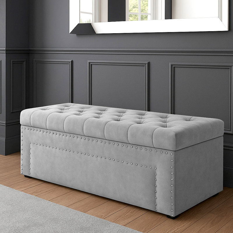Duke Ottoman Storage Box - Chesterfield Upholstered Blanket Box - Plush Velvet Ottoman Bench with Storage, Silver