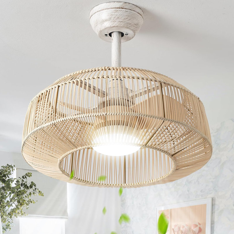 Ventilateur de plafond 20 po en rotin de Bohème avec lumière DEL à intensité variable, 6 vitesses et télécommande pour chambre à coucher / chambre de bébé