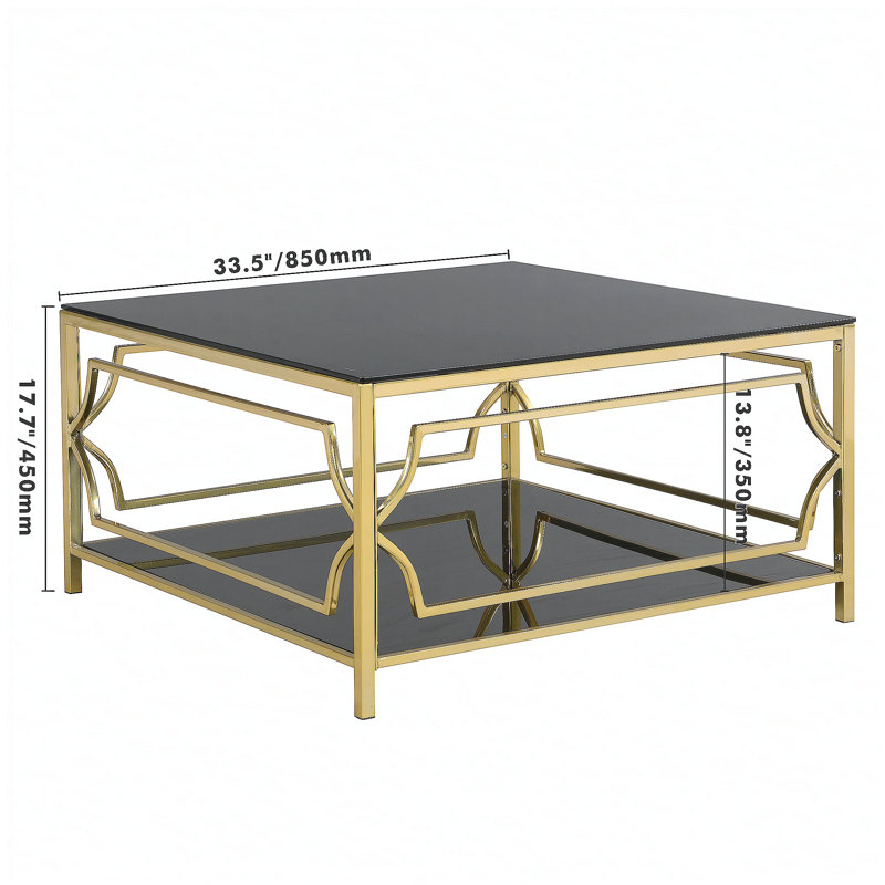 Table basse carrée en verre de 33,5 po, structure géométrique luxueuse en métal, finition dorée et tablette inférieure, Noir