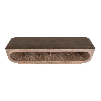 Wooden bench with a cushioned seat and open storage underneath.
