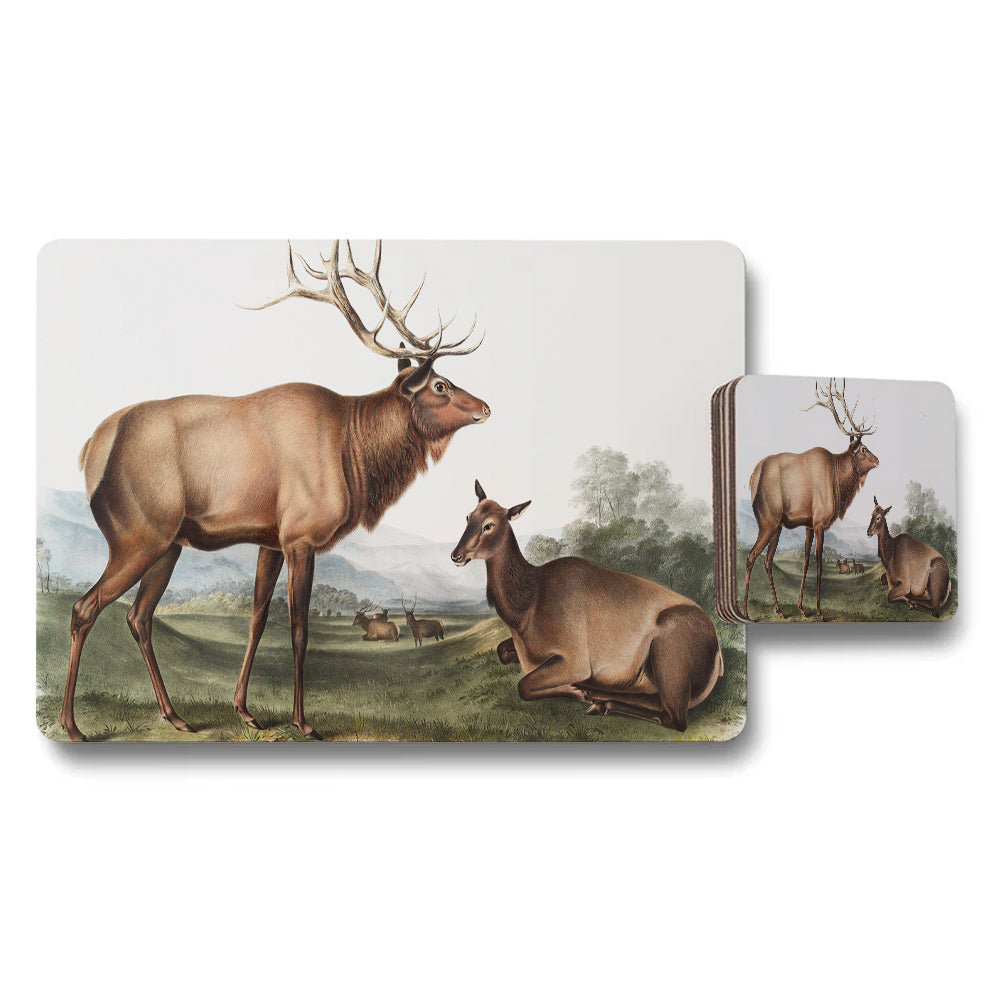 Elk and Deer Scenic Placemat and Coaster Set for Dining
